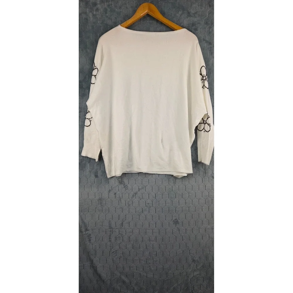 LIV Milano Cream Sweater Black Sequin Flowers‎ Sz 2XL Rhinestone Holiday Whimsy